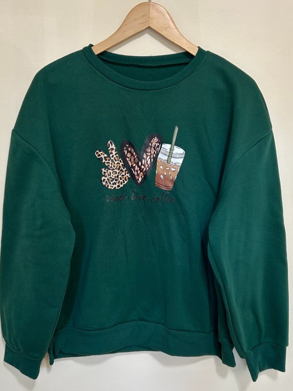 SHEIN Peace Love Coffee Sweat Shirt Green Size L